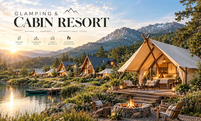design photorealistic 3d glamping resort cabin and landscape rendering