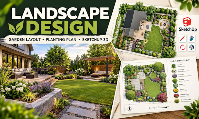 do landscape design, garden layout and planting plan with sketchup 3d rendering