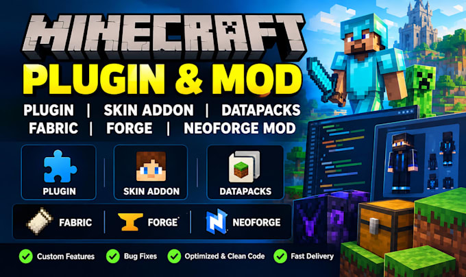 develop minecraft plugin skin addon datapacks and fabrick, neoforge mod, forge