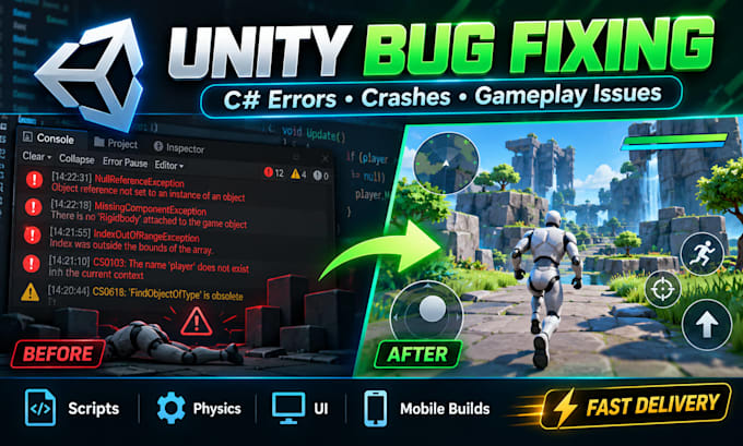 fix bugs errors crashes and gameplay issues in your unity game