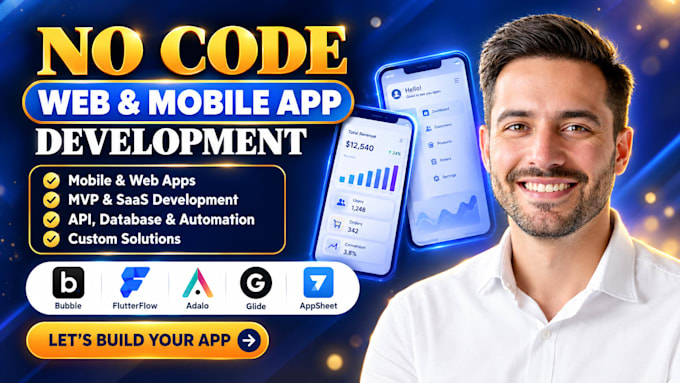 build no code web mobile app, bubble io flutterflow glide adalo mvp development