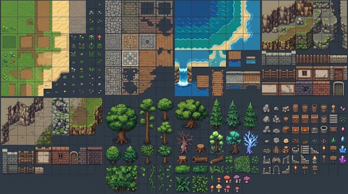 create pixel game assets, rpg tilesets, tilemaps and fantasy game art