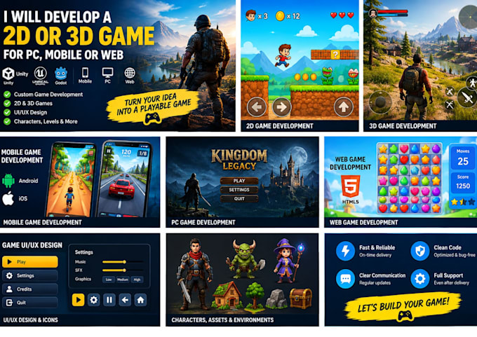 develop 2d or 3d game for pc,mobile,or web