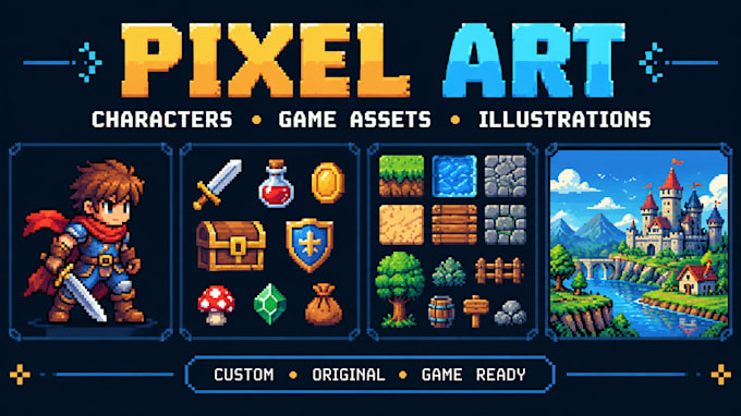 create pixel art characters, game assets and illustrations