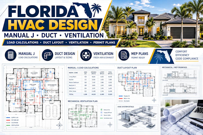 design florida hvac manual j load calculation, duct design, ventilation and mep
