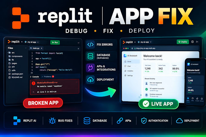 fix, debug and deploy your replit ai ios android web app, apis, bugs and errors