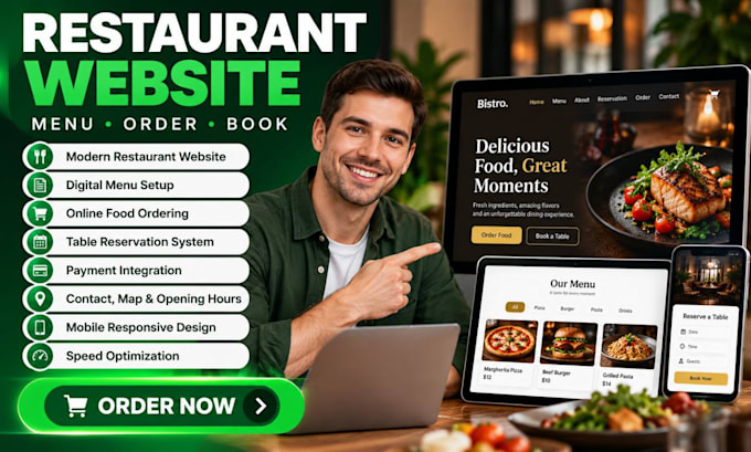 design a restaurant website with online ordering and reservations