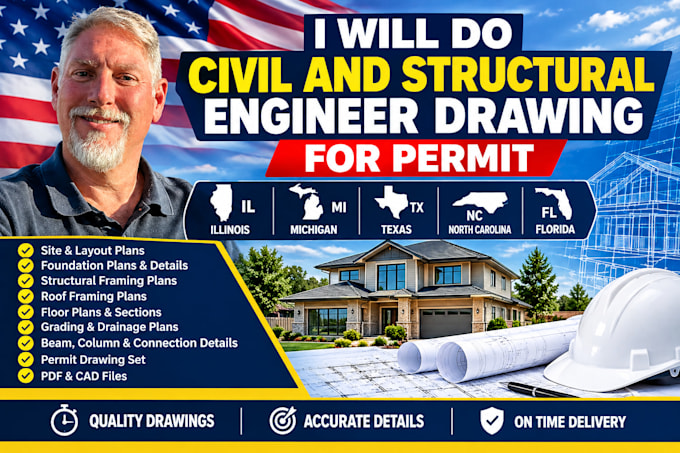 do illinois michigan tx, nc florida civil structural engineer drawing for permit