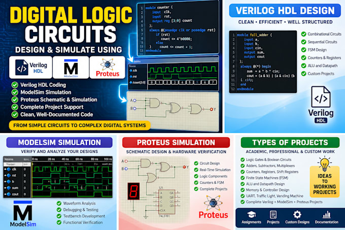 design and simulate digital logic circuits using verilog, modelsim and proteus