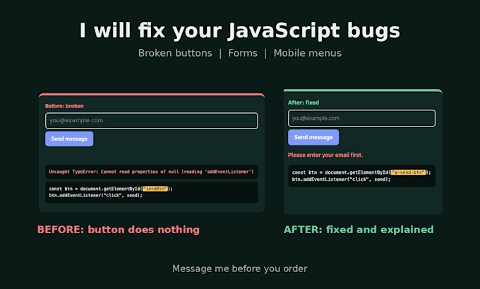 fix javascript bugs and broken buttons on your website
