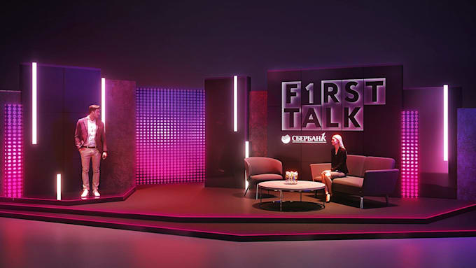 design cgi TV studio, 3d home theater with realistic rendering