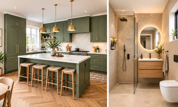 design 3d kitchen and bathroom interior, remodel layout and realistic renders