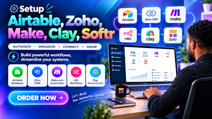 setup airtable database, zoho CRM, make com, n8n automation, clay and softr