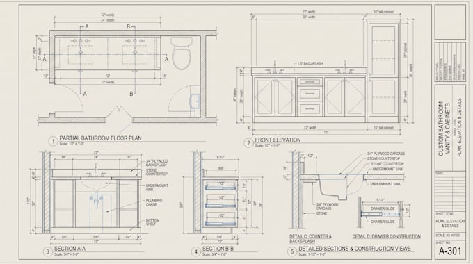 design bathroom vanity cabinets with floor plans, elevations, and sections