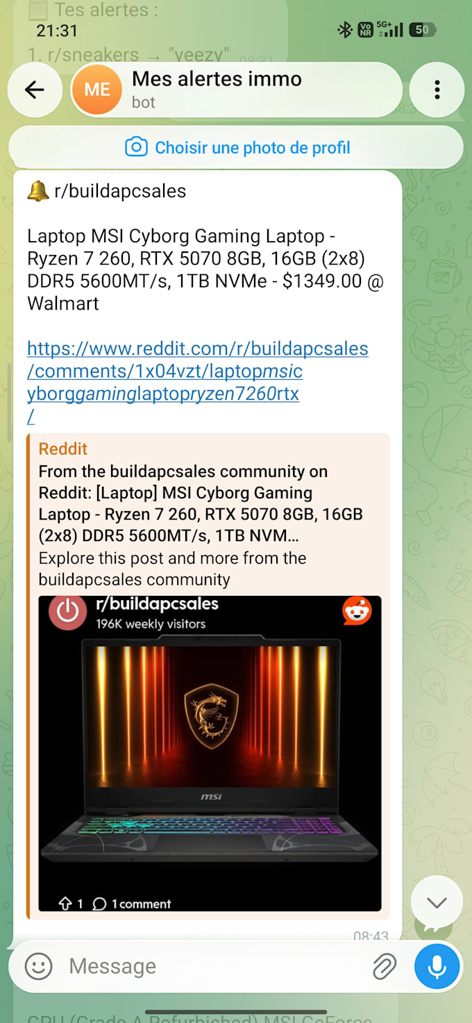 create a custom telegram bot for reddit alerts