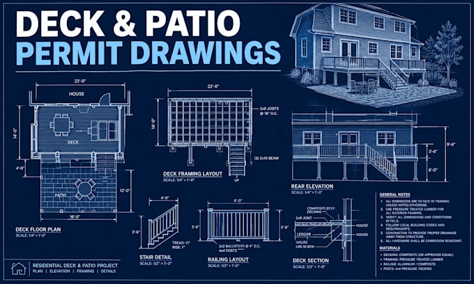 create deck drawing, patio permit drawing, home addition plan for permit