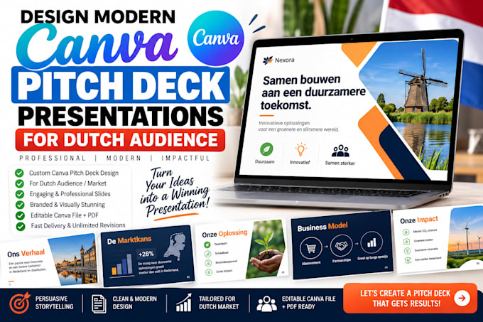design modern canva pitch deck presentations for dutch canva presentation slides