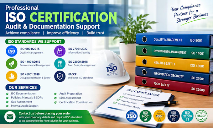 provide iso 9001, 14001, 45001 certification, audit and documentation