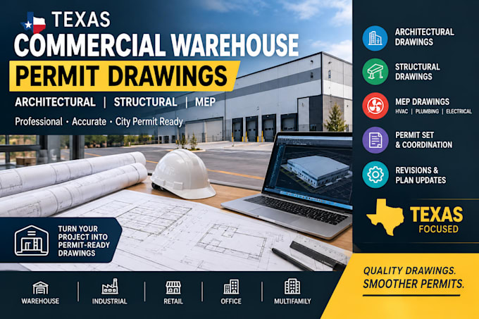 design texas commercial warehouse architectural structural, mep permit drawings