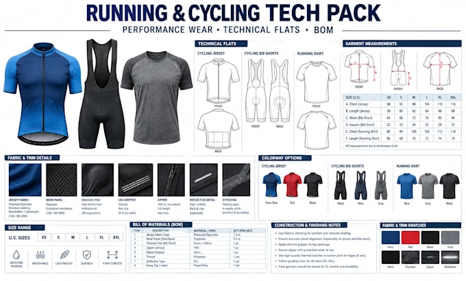 create a cycling jersey and running apparel tech pack for manufacturing