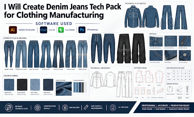create denim jeans tech pack for clothing manufacturing