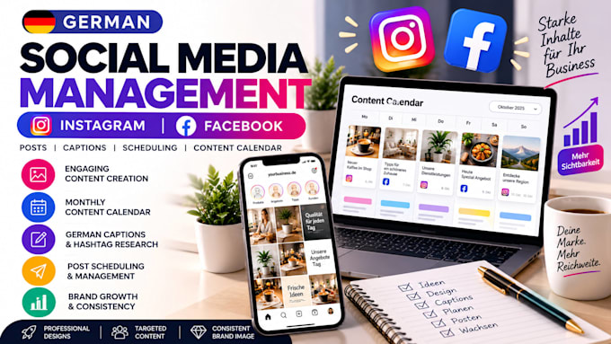 manage german social media accounts with posts, captions, scheduling content