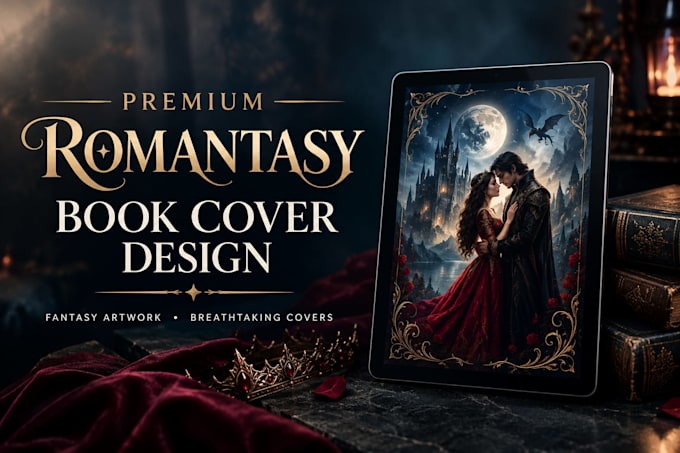 design a premium romantasy book cover with fantasy artwork