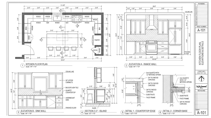 draft kitchen floor plan, kitchen layouts, section, and elevation in autocad