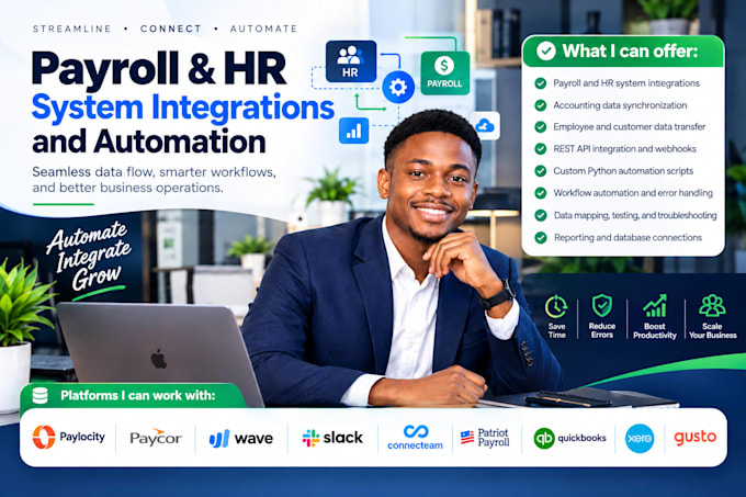 setup paylocity, paycor, wave, slack, quickbooks, xero, gusto API integrations