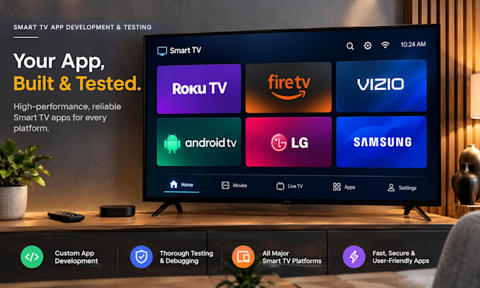 develop and test smart TV apps for fire TV, roku, samsung, lg, and android TV