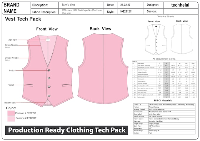 create a clothing tech pack, garment pattern, and size grading