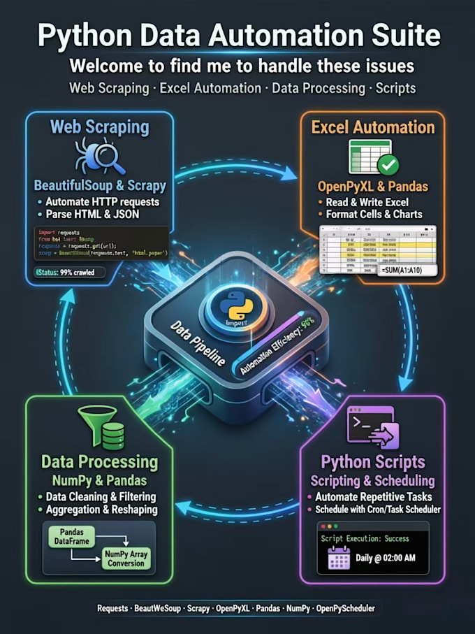 write python scripts for web scraping, excel automation, data processing