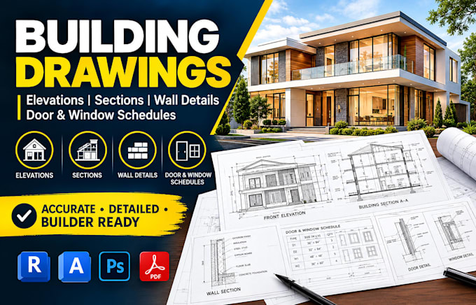 draw architectural building elevations, sections, wall and door window details