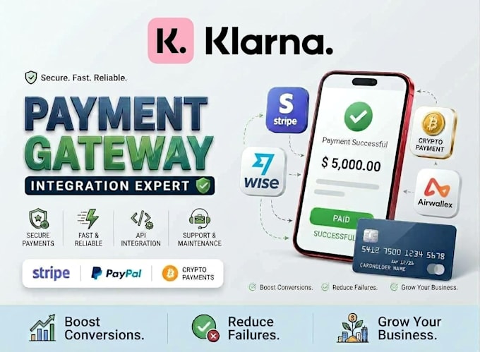setup and integration payment gateway, paypal, airwallex, klarna, stripe, wise