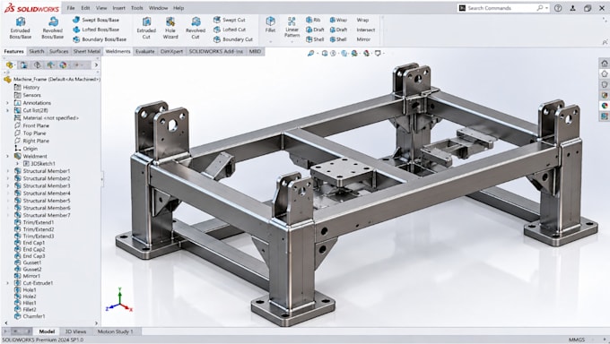 do solidwork weldments, steel frames, machine bases fabrication structural cad