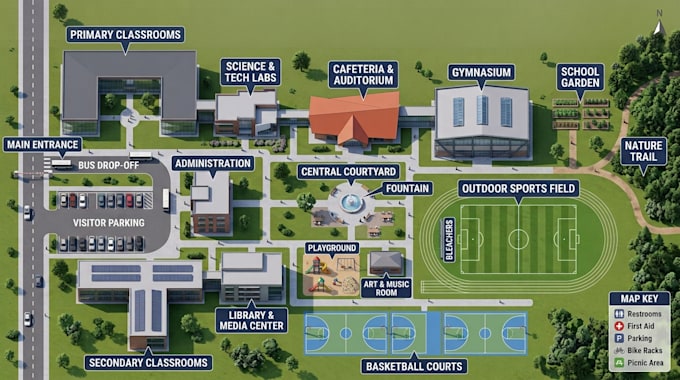 design 3d and 2d campus maps, school maps, wayfinding maps and park maps