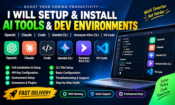 install and setup openai, claude code, gemini cli amazon kiro cli and vs