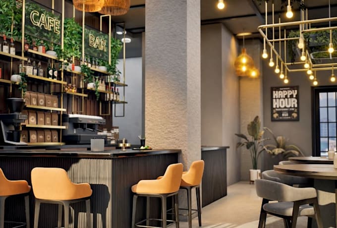 create photorealistic cafe, restaurant, and bar interior render,desert shops,cgi