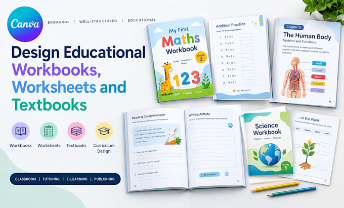 design, format educational workbooks, worksheets curriculum plan, and textbooks
