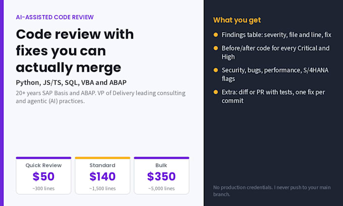 review your python, javascript, sql or abap code for bugs and security
