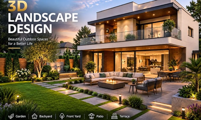 create 3d landscape design for garden backyard front yard patio terrace