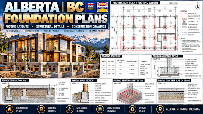 alberta bc foundation plans footing layouts structural details drawings