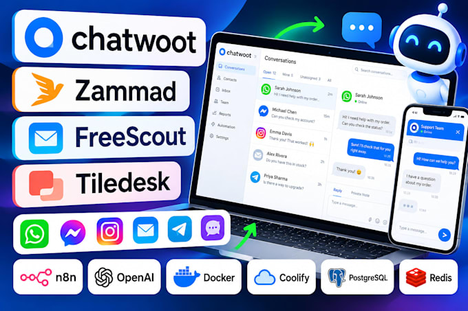 install chatwoot, zammad, freescout, helpdesk, live chat and ai chatbot