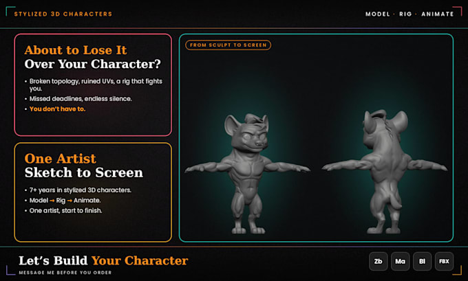 create a game ready stylized 3d character rigged and animated