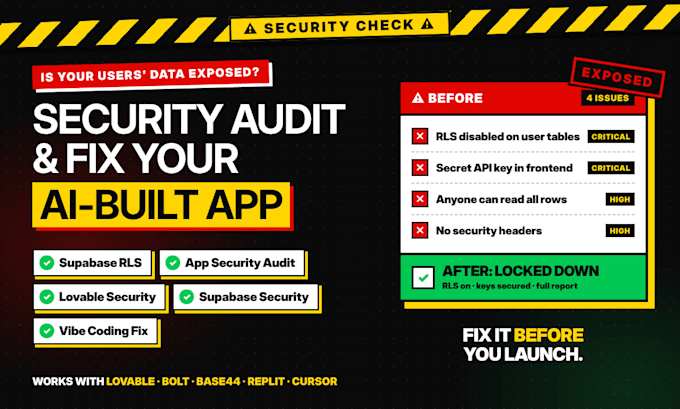 security audit and fix your lovable, bolt or base44 supabase app
