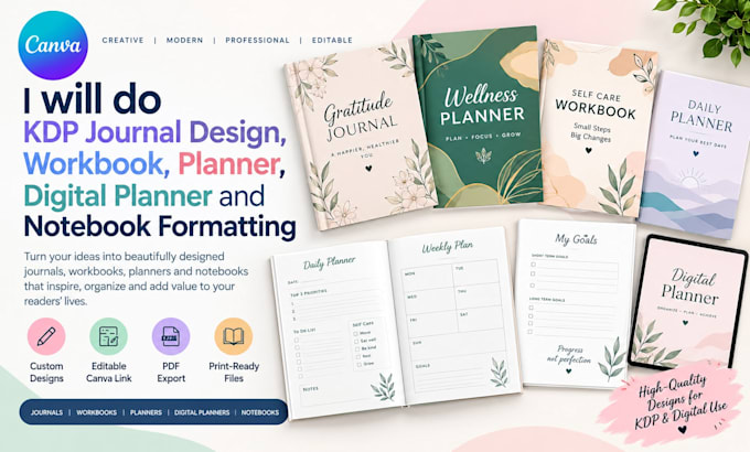 do KDP journal design, workbook, planner digital planner and notebook formatting