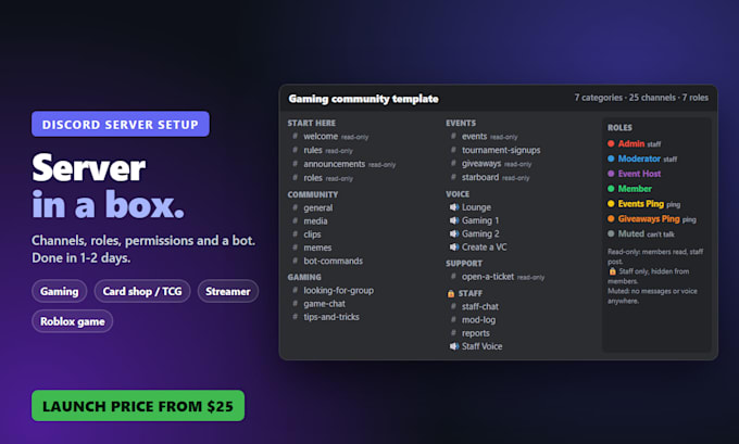 set up your discord server with channels, roles, permissions and a bot