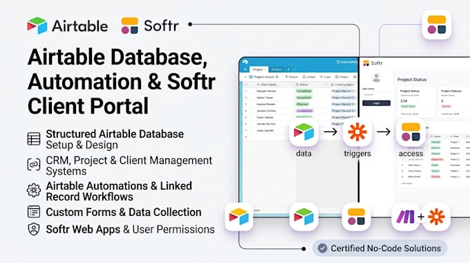 setup airtable database, airtable automation, softr webapp and client portal