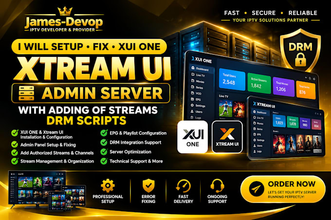 setup, fix xui one, xtream UI admin server  with adding of streams, drm scripts