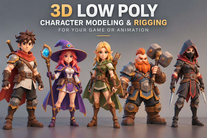 create 3d low poly modeling character rigging for your game or animation